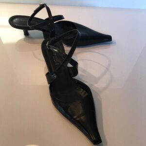 Kenneth Cole New York Black Kitten Heels with Ankle Wrap Design and Pointed Toe